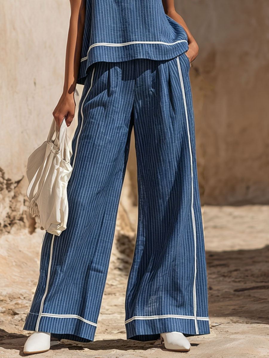 Color-blocked Striped Cotton Linen Sleeveless Top And Trousers Set