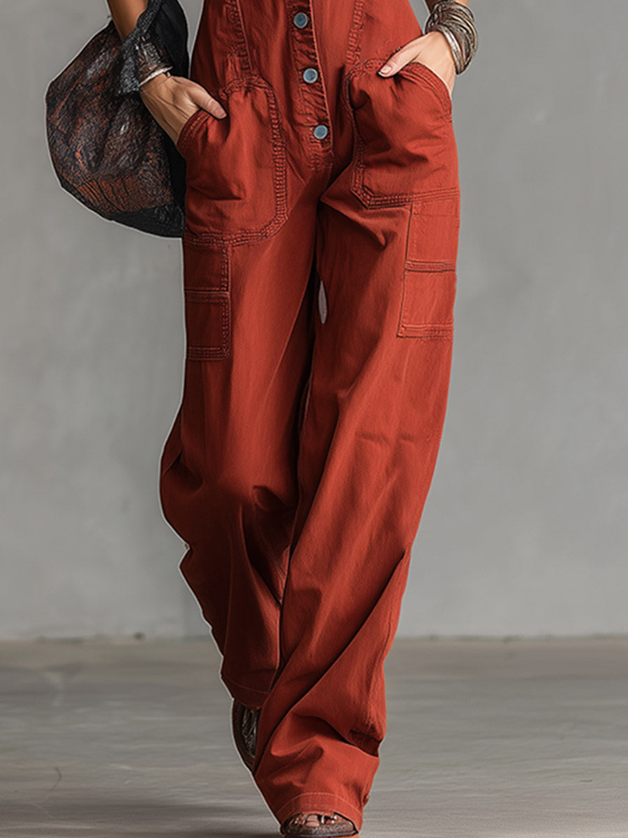 Retro-Chic Rust-Red Collared Denim Jumpsuit