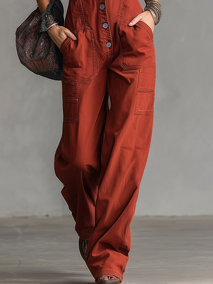 Retro-Chic Rust-Red Collared Denim Jumpsuit