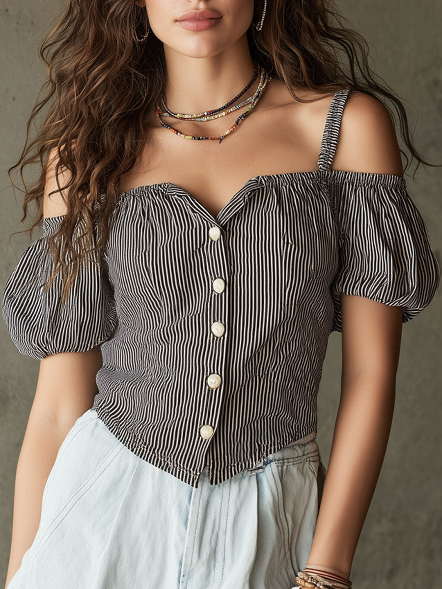 Vacation Retro Off-Shoulder Black And White Striped Cotton Linen Short-Sleeve Shirt