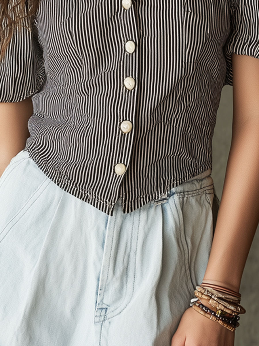 Vacation Retro Off-Shoulder Black And White Striped Cotton Linen Short-Sleeve Shirt