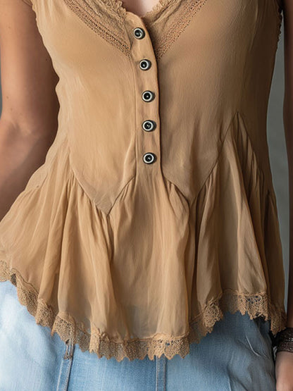 Vacation Retro Lace V-Neck Light Khaki Chiffon Ruffled Sleeveless Shirt