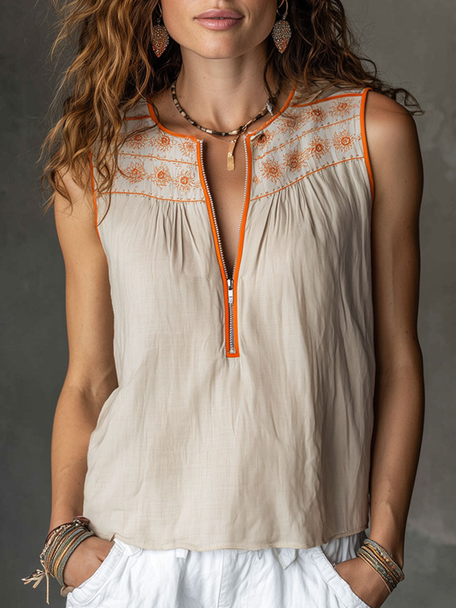 Ethnic Retro Half-Zip Embroidered Sand-Colored Cotton Linen Sleeveless Shirt