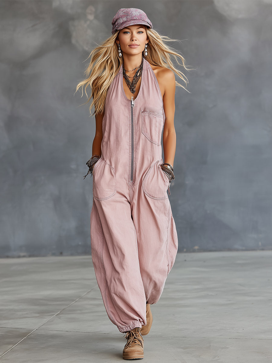 Stylish &amp; Casual Pink Denim Sleeveless Jumpsuit
