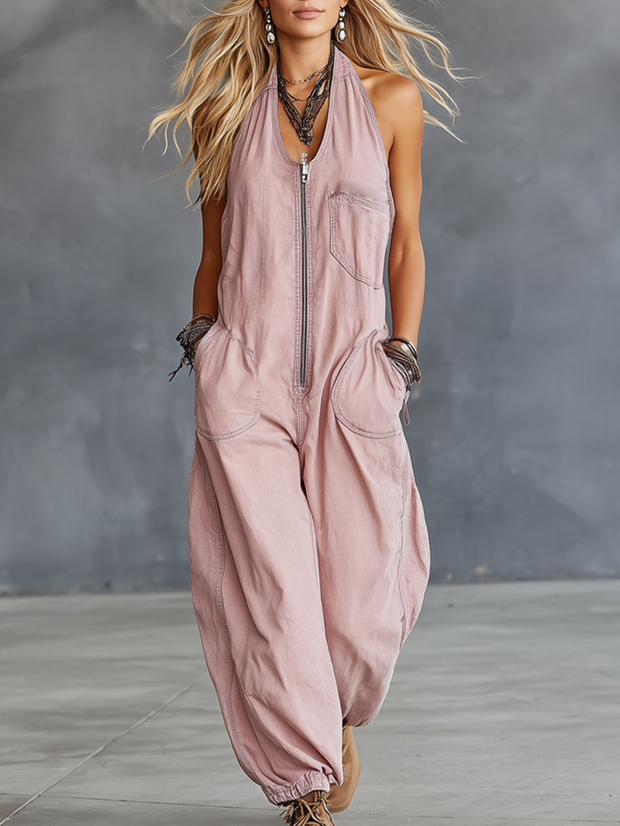 Stylish &amp; Casual Pink Denim Sleeveless Jumpsuit