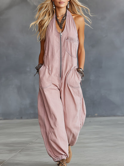 Stylish &amp; Casual Pink Denim Sleeveless Jumpsuit