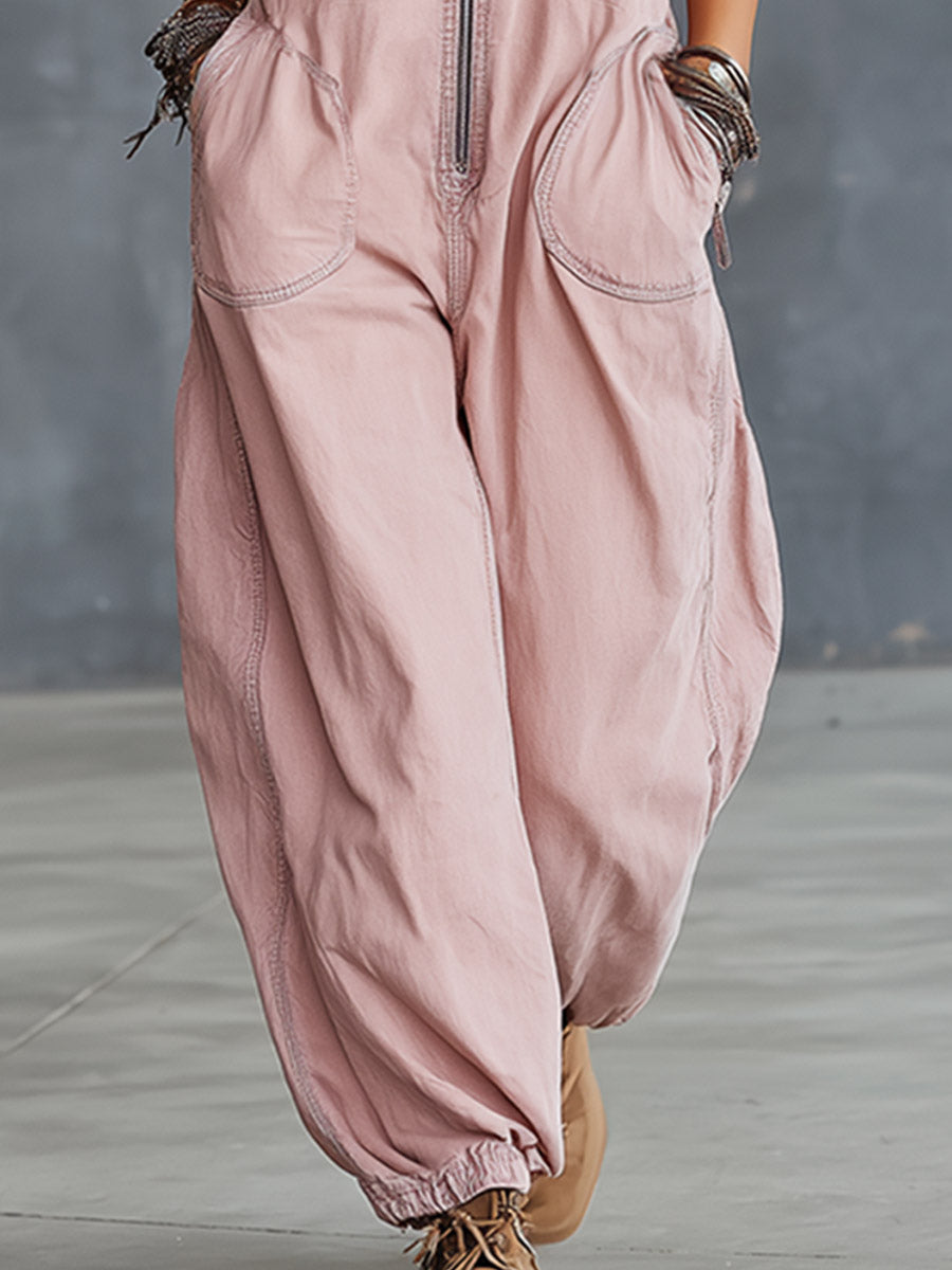 Stylish &amp; Casual Pink Denim Sleeveless Jumpsuit