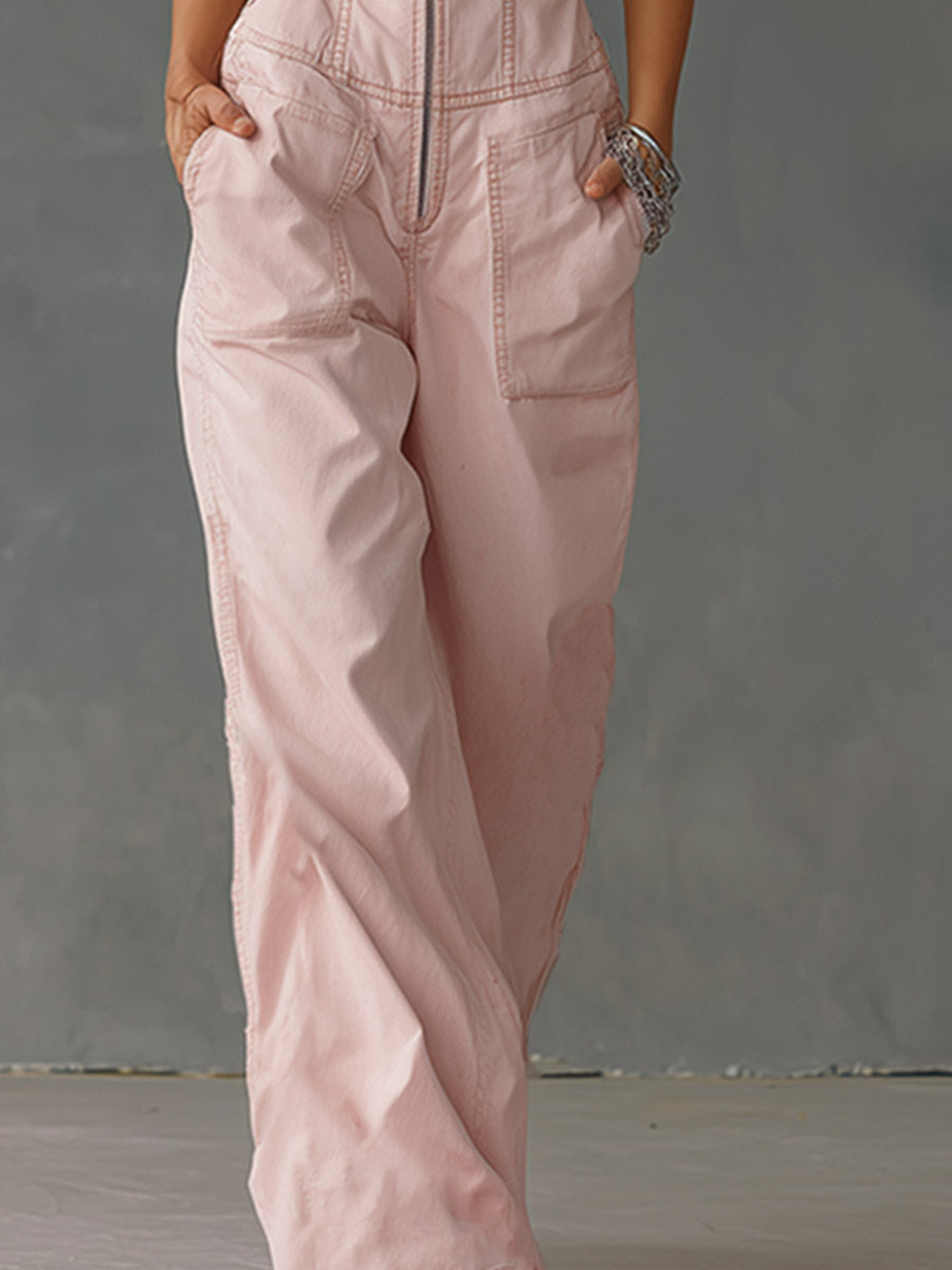 Elegant &amp; Stylish Tulle Trim Pink Denim Jumpsuit