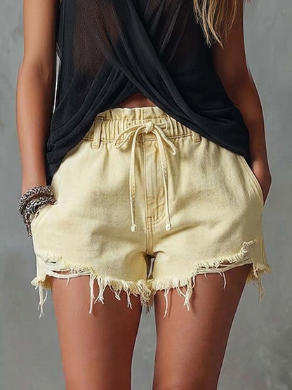 Casual &amp; Versatile Light Yellow Distressed Denim Hot Pants