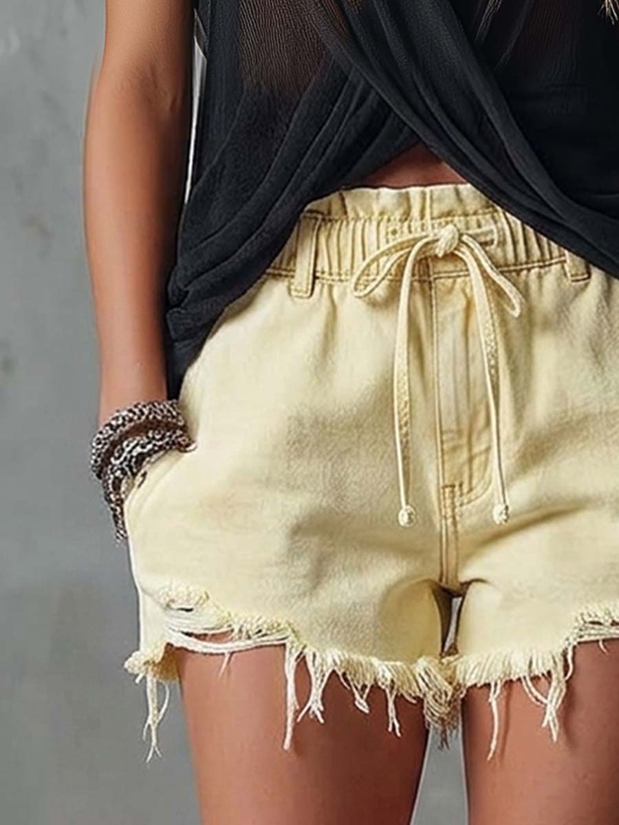 Casual &amp; Versatile Light Yellow Distressed Denim Hot Pants