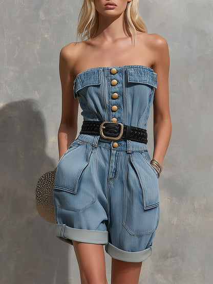 Fashionable Retro Blue Off-shoulder Pocket Denim Shorts Jumpsuit