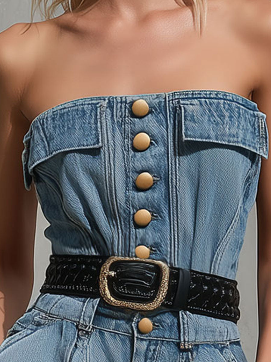 Fashionable Retro Blue Off-shoulder Pocket Denim Shorts Jumpsuit