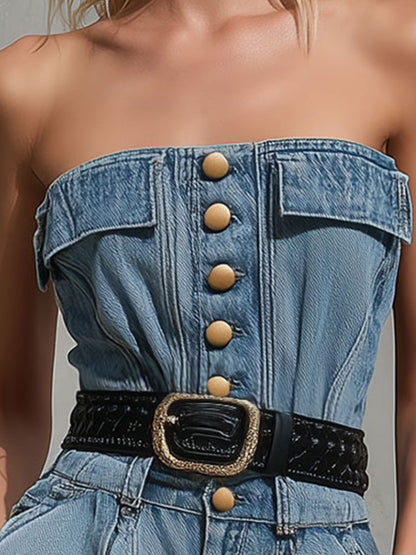 Fashionable Retro Blue Off-shoulder Pocket Denim Shorts Jumpsuit