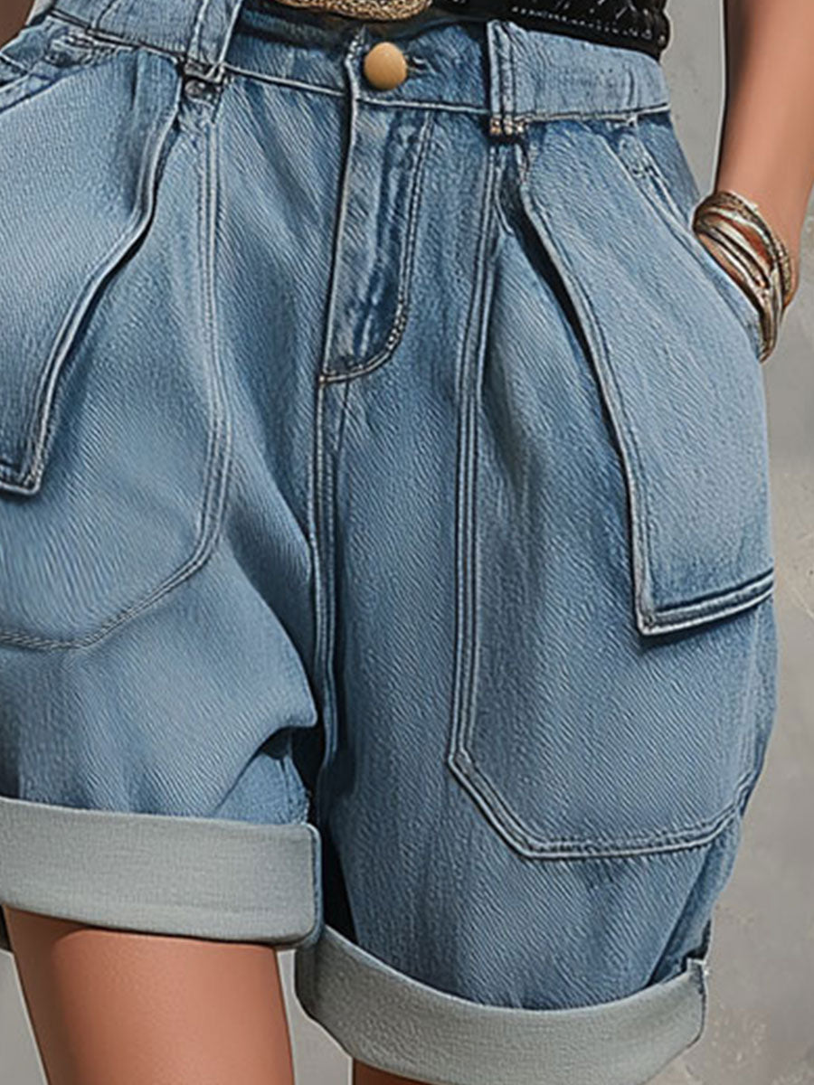 Fashionable Retro Blue Off-shoulder Pocket Denim Shorts Jumpsuit