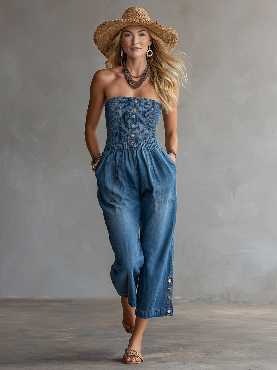 Chic Retro Blue Denim Strapless Cropped Jumpsuit