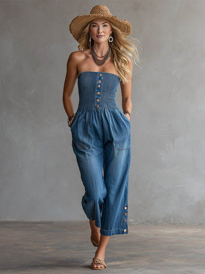 Chic Retro Blue Denim Strapless Cropped Jumpsuit