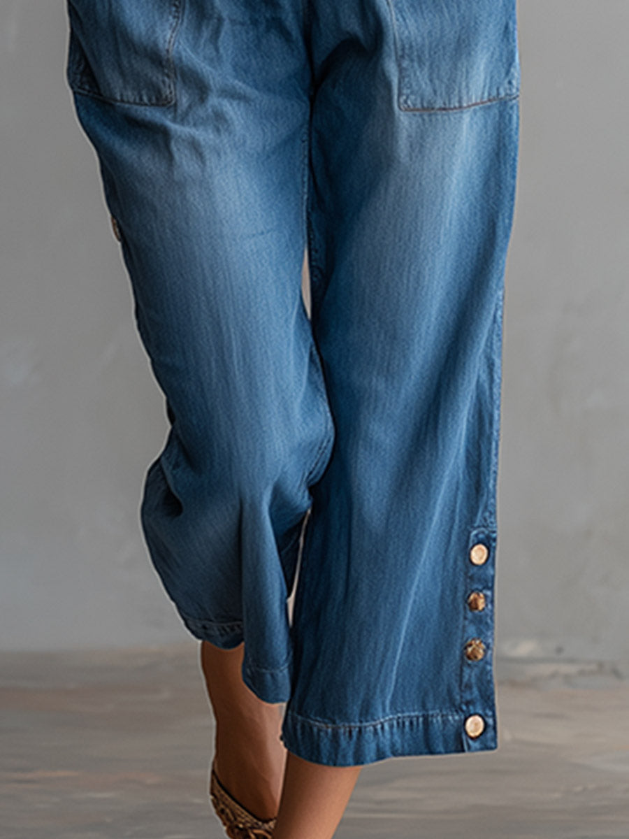 Chic Retro Blue Denim Strapless Cropped Jumpsuit