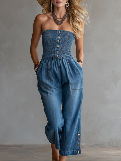 Chic Retro Blue Denim Strapless Cropped Jumpsuit