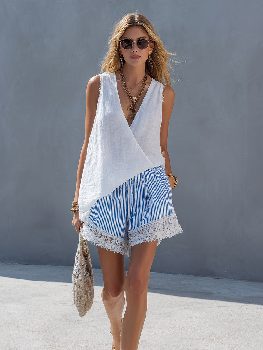 Stylish &amp; Casual White Cotton-Linen Top And Blue Striped Shorts Set