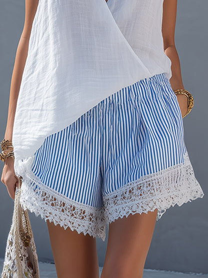 Stylish &amp; Casual White Cotton-Linen Top And Blue Striped Shorts Set
