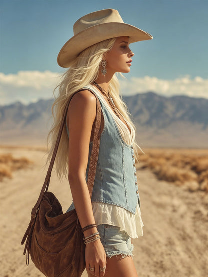 Retro Denim Patchwork Chiffon Sleeveless Vest