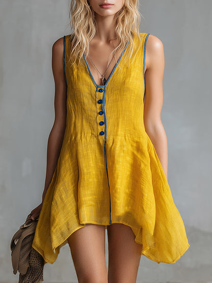 Retro-Style Piped Trim Yellow Cotton-Linen Mini Dress