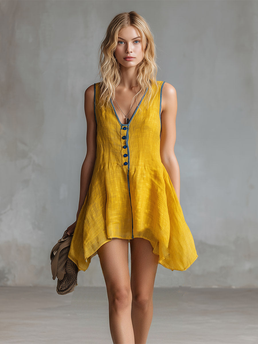 Retro-Style Piped Trim Yellow Cotton-Linen Mini Dress