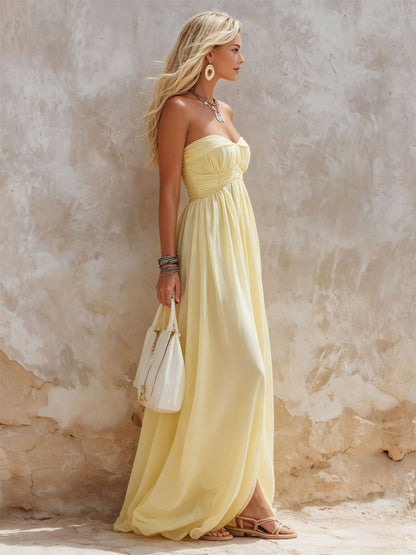 Elegant Light Yellow Elastic Waist Sleeveless Maxi Dress