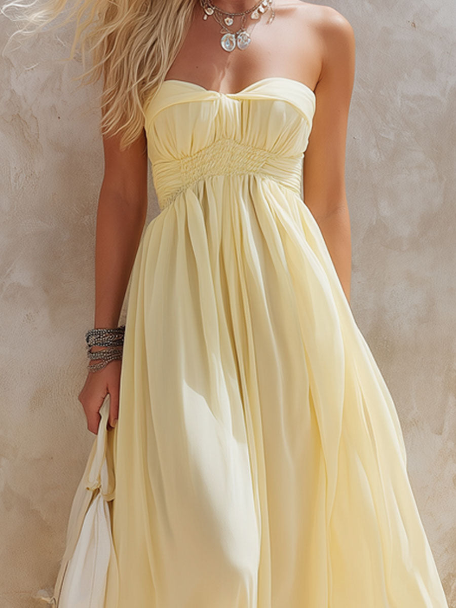 Elegant Light Yellow Elastic Waist Sleeveless Maxi Dress