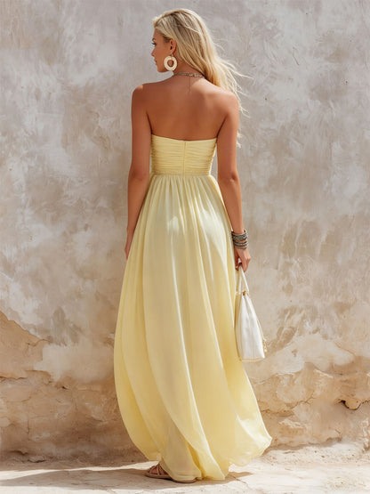 Elegant Light Yellow Elastic Waist Sleeveless Maxi Dress