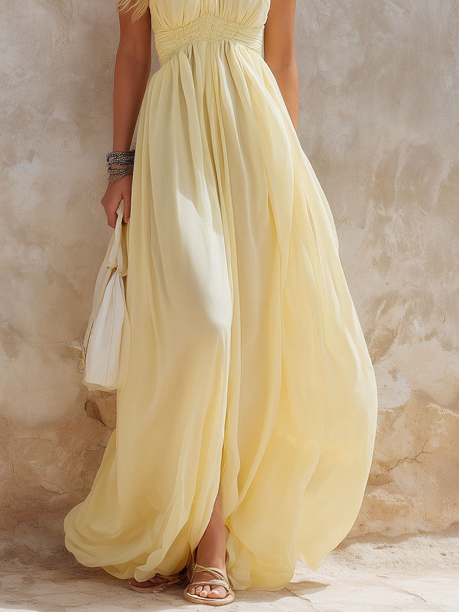 Elegant Light Yellow Elastic Waist Sleeveless Maxi Dress