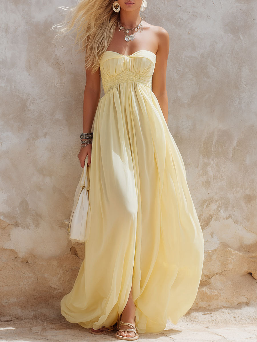 Elegant Light Yellow Elastic Waist Sleeveless Maxi Dress