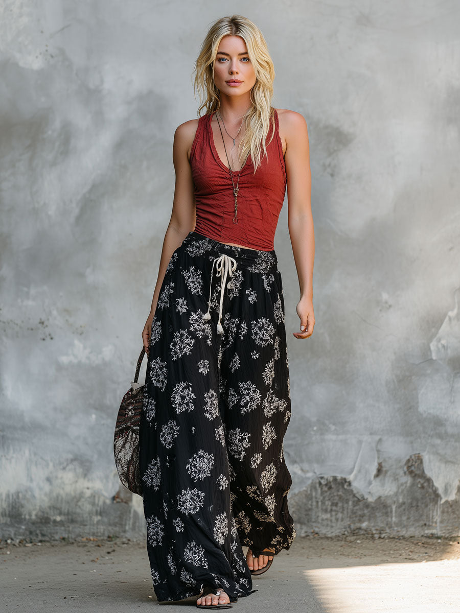 Retro Brick Red Vest And Black Ethnic Floral Print Chiffon Wide-leg Pants Suit
