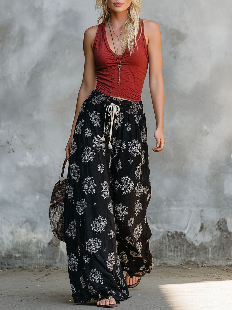 Retro Brick Red Vest And Black Ethnic Floral Print Chiffon Wide-leg Pants Suit