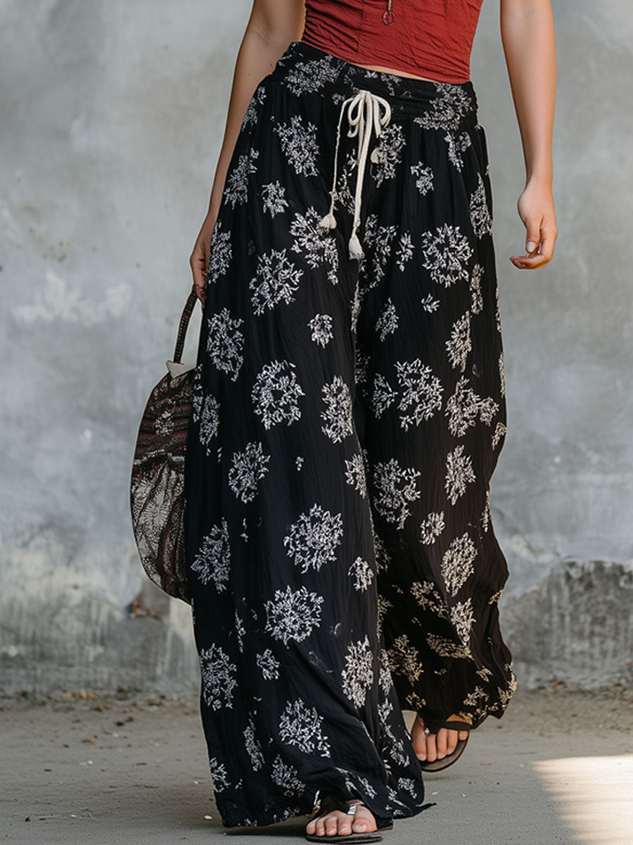 Retro Brick Red Vest And Black Ethnic Floral Print Chiffon Wide-leg Pants Suit