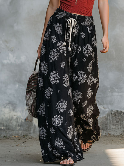Retro Brick Red Vest And Black Ethnic Floral Print Chiffon Wide-leg Pants Suit