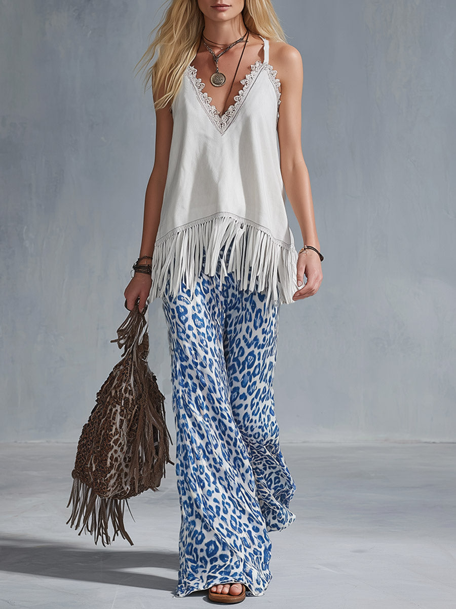 Elegant Urban White Faux Suede Fringe Top &amp; Blue Leopard Print Chiffon Flared Pants Set