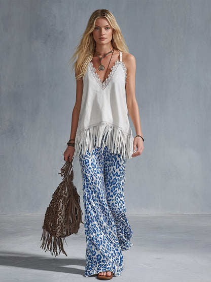 Elegant Urban White Faux Suede Fringe Top &amp; Blue Leopard Print Chiffon Flared Pants Set
