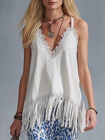 Elegant Urban White Faux Suede Fringe Top &amp; Blue Leopard Print Chiffon Flared Pants Set