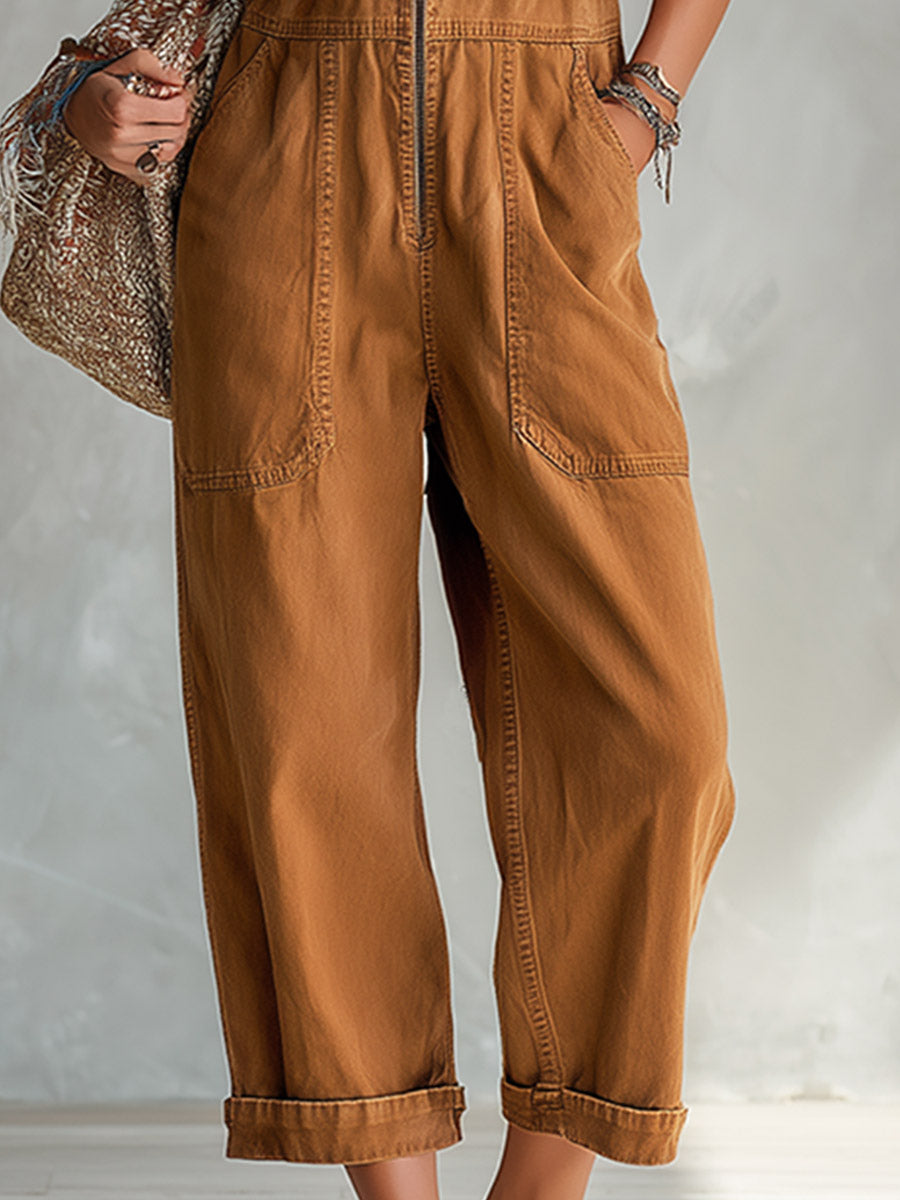 Retro Casual Caramel Brown Denim U-Neck Cropped Jumpsuit