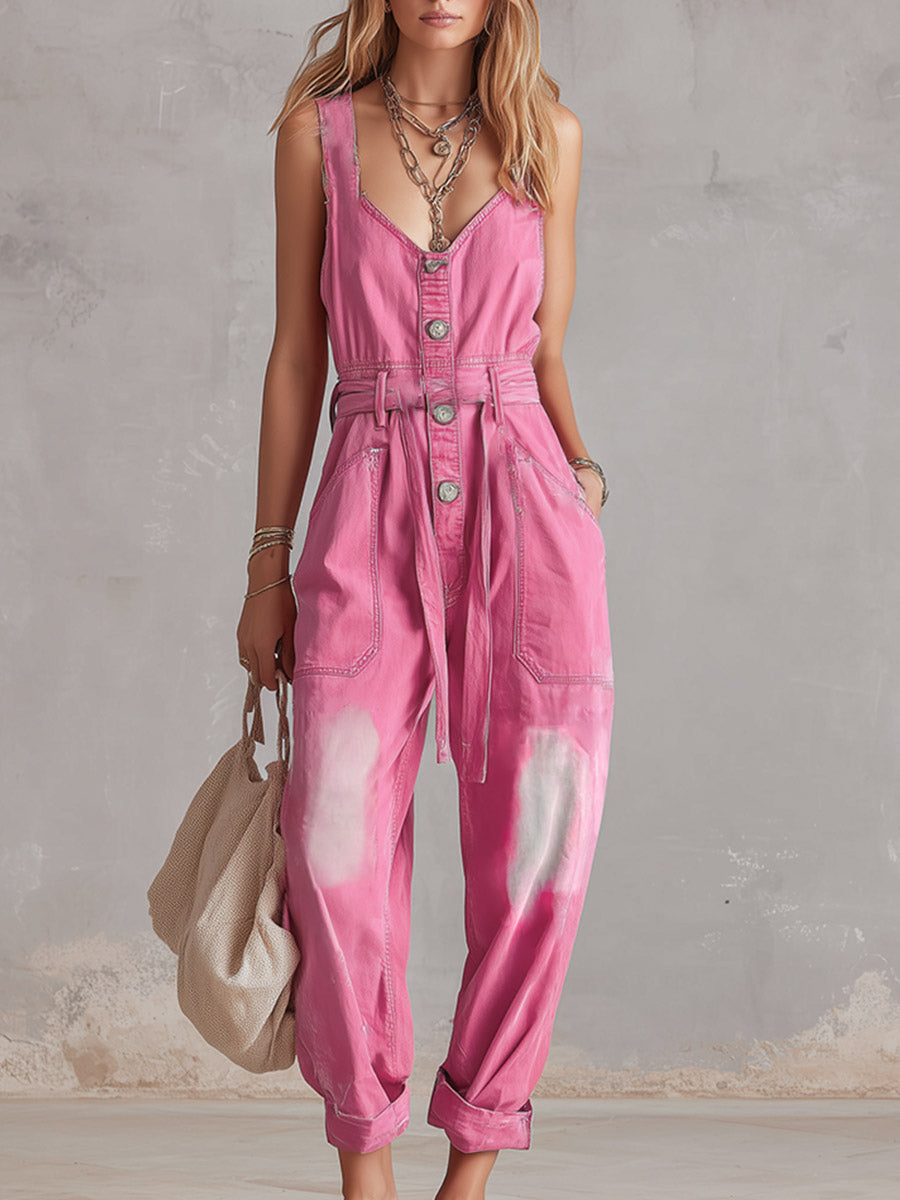 Stylish &amp; Casual Pink Washed Denim Jumpsuit