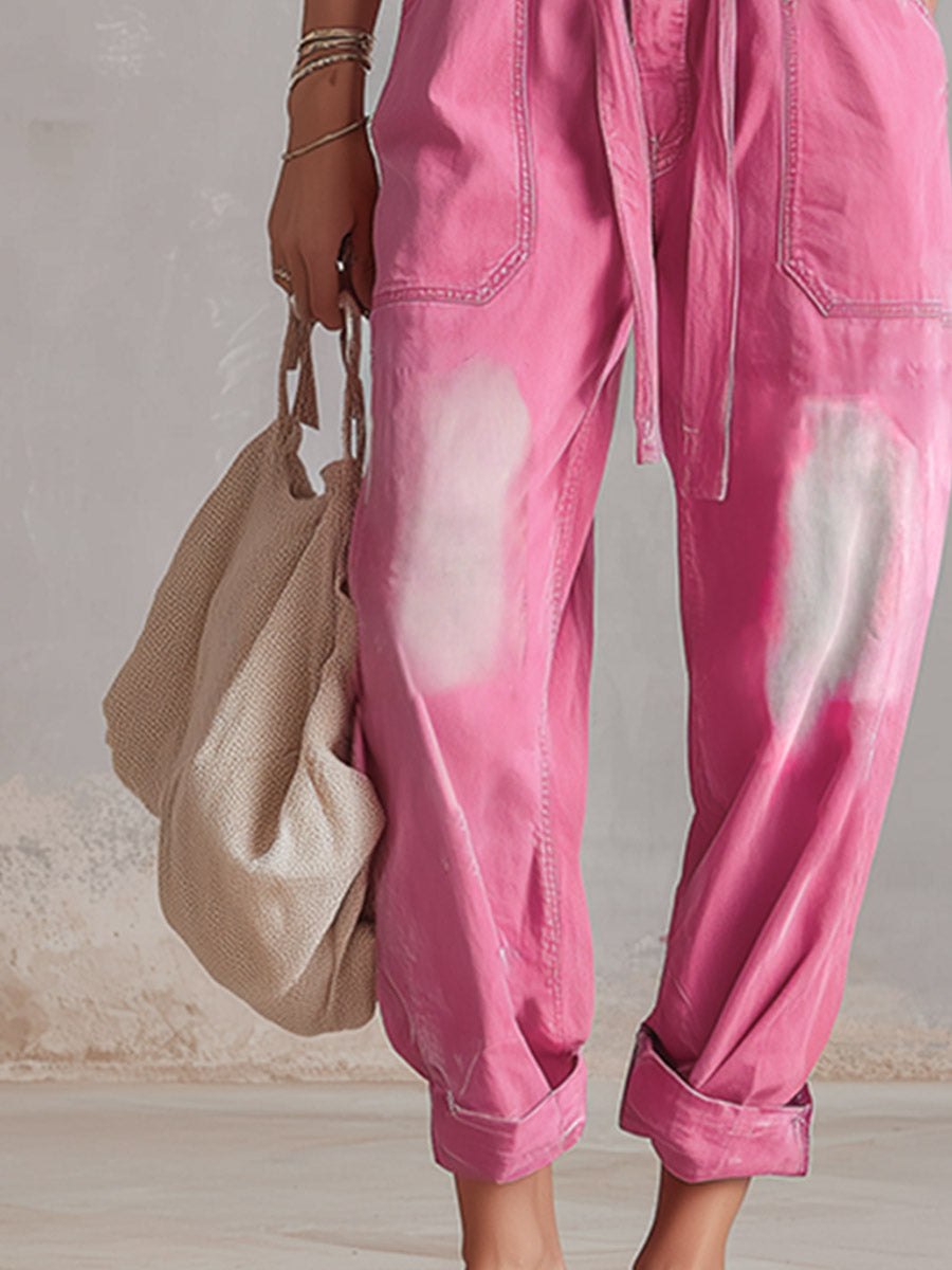 Stylish &amp; Casual Pink Washed Denim Jumpsuit