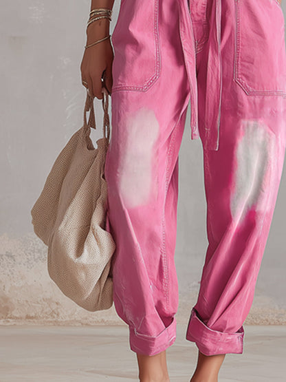 Stylish &amp; Casual Pink Washed Denim Jumpsuit