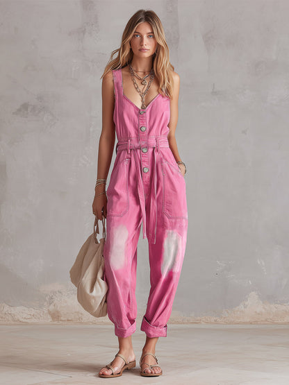 Stylish &amp; Casual Pink Washed Denim Jumpsuit