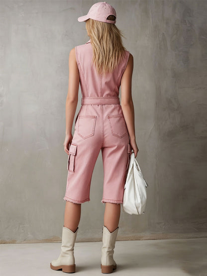 Retro-style Denim Multi-pocket Sleeveless Short Jumpsuit