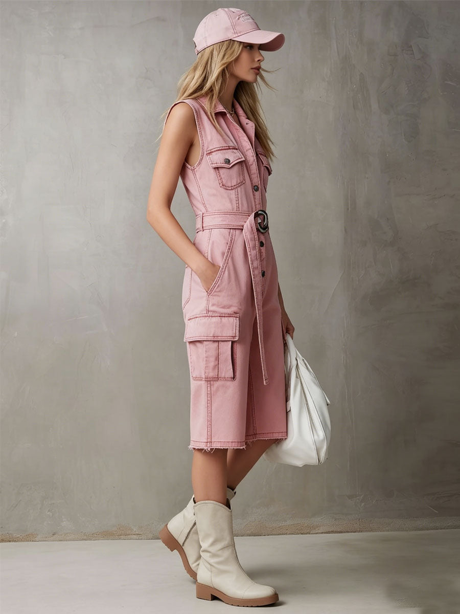 Retro-style Denim Multi-pocket Sleeveless Short Jumpsuit