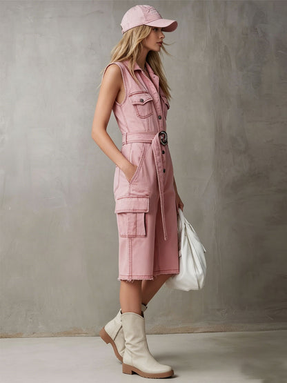 Retro-style Denim Multi-pocket Sleeveless Short Jumpsuit