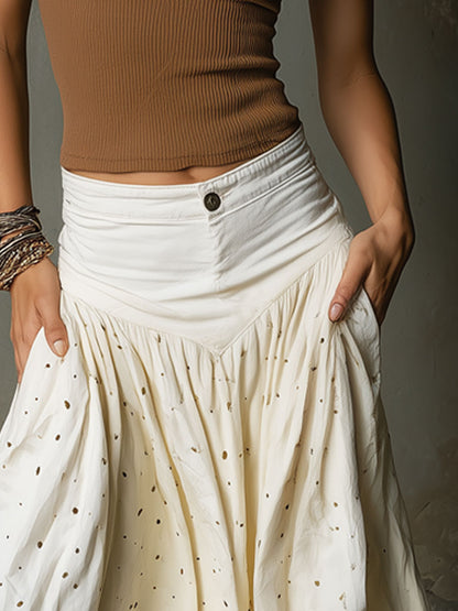 Western Retro Polka Dot Off-white Denim Pleated Midi Skirt
