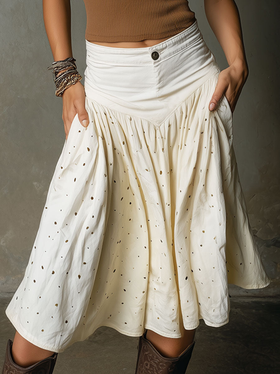 Western Retro Polka Dot Off-white Denim Pleated Midi Skirt