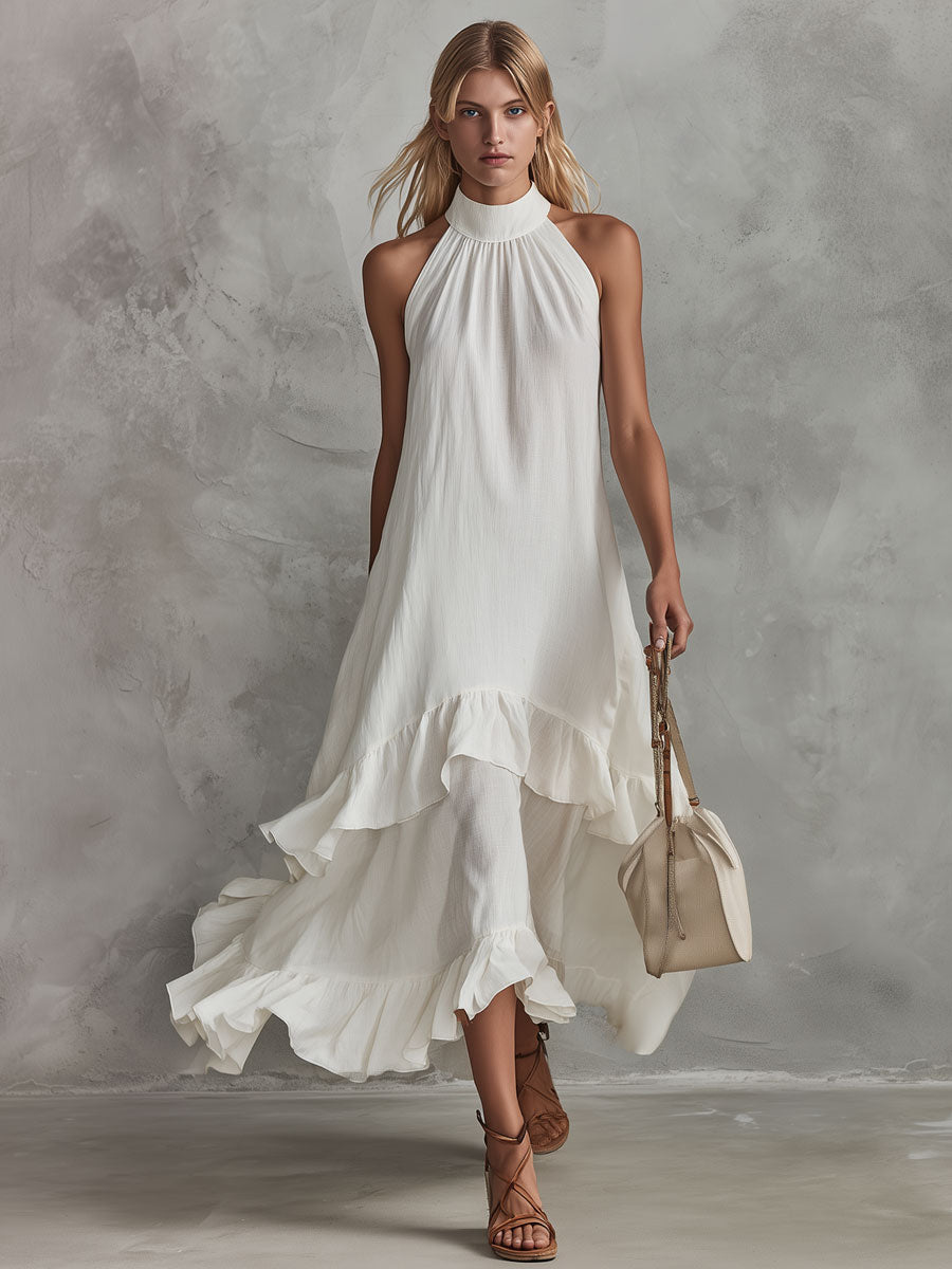 Retro-elegant White Sleeveless Ruffled Cotton-linen Midi Dress